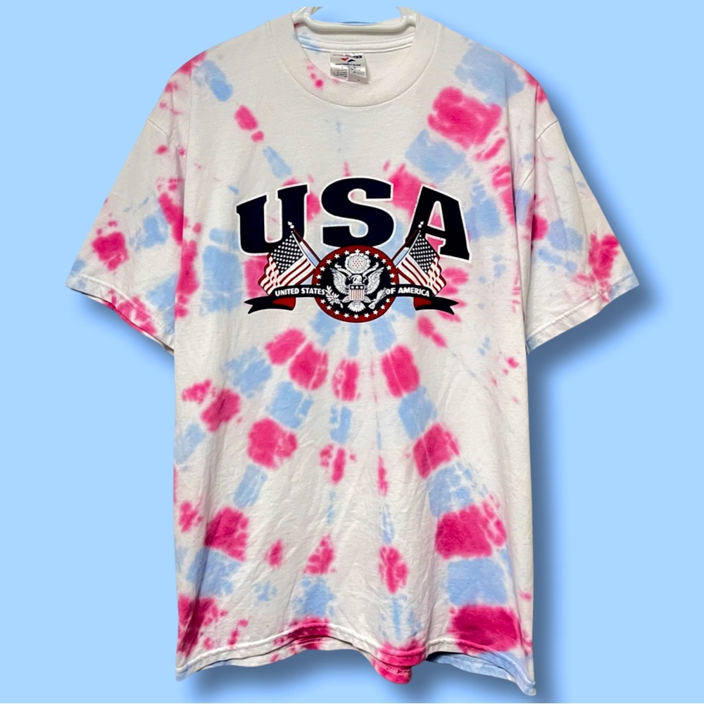 VINTAGE 90s USA AMERICA CREST FLAG BALD EAGLE PATRIOTIC CUSTOM TIE DYE TEE